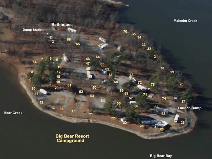 Aerial map of Big Bear Resort Campgrounds with lot numbers displayed.